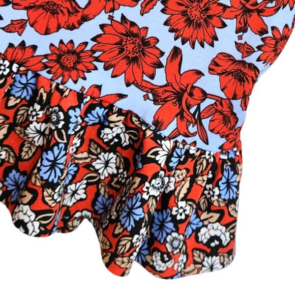 Dalia Blouse Contrasting Bell Sleeves Light Blue & Red Floral Scoop Neck… - Picture 3 of 15